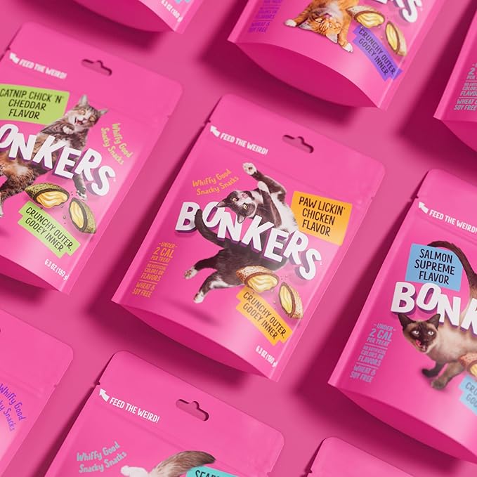 Bonkers Cat Bites, Crunchy & Soft Paw Lickin' Chicken Flavor Treats, Low Calorie, Training or Food Topper, 3 OZ Resealable Bag for All Breeds and Ages, Value Pack (10 Pack)