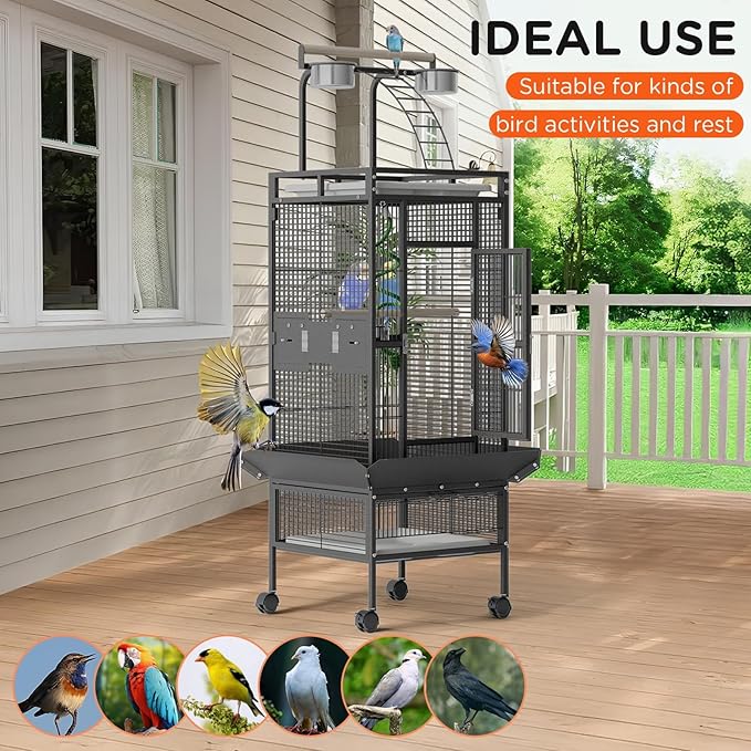60 Inch Wrought Iron Large Bird Cage with Rolling Stand, Metal Parrot Cage with Play Top & 4 Stainless Steel Bowls for African Grey Cockatiel Sun Parakeet Green Cheek Conure Lovebird Budgie, Black
