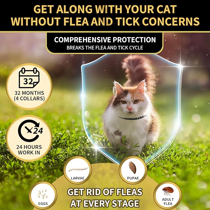 YOTANGO 4 Pack Flea Collar for Cats, 32 Months Flea and Tick Prevention for Cats, Waterproof Cat Fleas Collar, Cat Fleas and Ticks Treatment, Adjustable Tick Collars for Kittens-Black