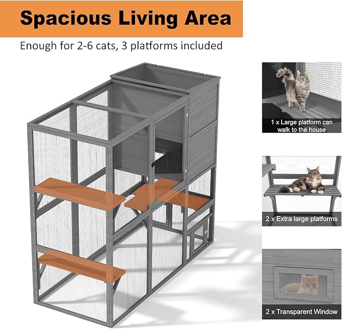 Large Indoor Cat Catio, 4 Tier Outdoor Cat Enclosures House for Cats with Weatherproof Roof, 3 Resting Rooms, 3 Platforms, Cats Catio Connect to Window with 2 Large Door, Feral Pet Shelter