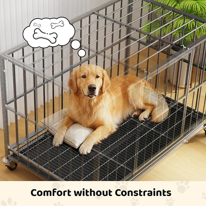 48 Inch Heavy Duty Dog Crate, Indestructible Escape-Proof Dog Kennel for High Anxiety Large Dogs, Strong Metal Pet Cage with Double Doors, Lockable Wheels & Removable Tray, XL XXL XXXL