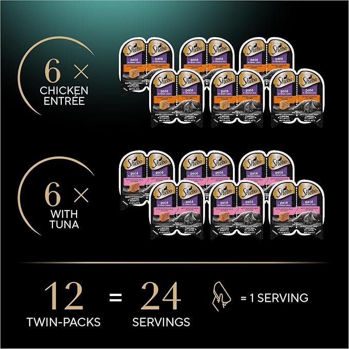 Sheba Perfect Portions Wet Cat Food Pate, Chicken Entree and with Sustainable Salmon Entree, Cat Food Wet Recipe Variety Pack, 2.6 oz. Twin-Pack Trays (6 Count, 12 Servings) (Pack of 2)