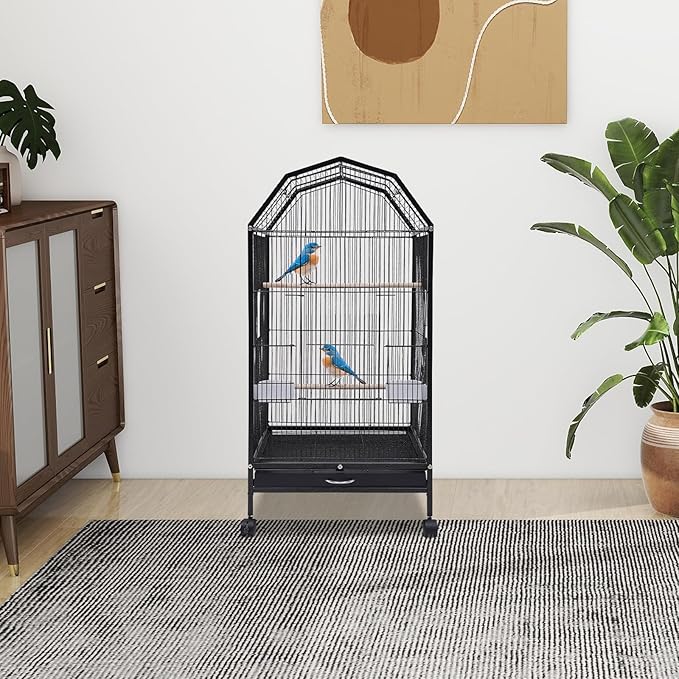 40-Inch Wrought Iron Bird Cage with Open-Top and Rolling Stand, Movable Parrot Cage Pet Bird Flight Cage, 360 Degree View Spacious Interactive Roof Pet Bird House for Medium&Small Birds