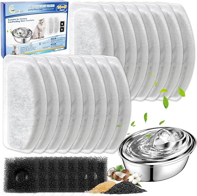 Cat Water Fountain Filter, Compatible with ORSDA D30 67oz/2L Stainless Steel Pet Water Fountains, 16 Pack Cat Fountain Filter & 8 Pack Replacement, with Three-Stage Resin Filtration System