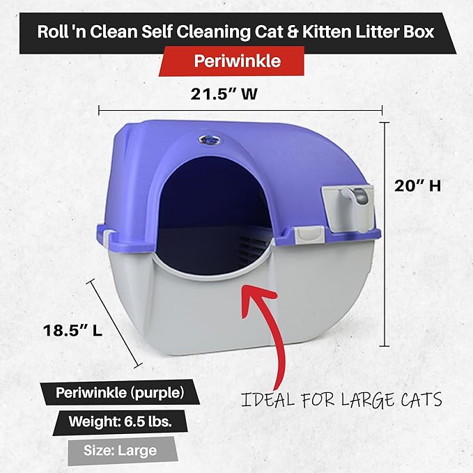 Omega Paw Roll 'n Clean Plastic Indoor Outdoor Automatic Self Cleaning Litter Box with Enclosed Lid for Regular Sized Cats up to 12 Pounds, Periwinkle