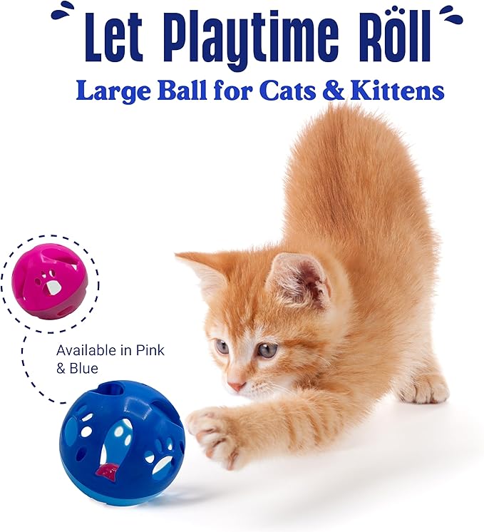 Large Cat Ball Toy with Bell – Interactive Rolling Design for Active Play – Sturdy Plastic Cat Toy Ball That Stays Visible During Play – Blue 1 Pack for Cats, Kittens, and Small Pets