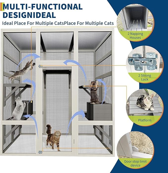 70" Large Outdoor Catio Cat Enclosure, Wood Cat Patio with Waterproof UV-Resistant Roof, Cats Shelter with 5 Platforms and 2 Resting Box, and Secure Rust-Proof Wire for Backyard or Patio