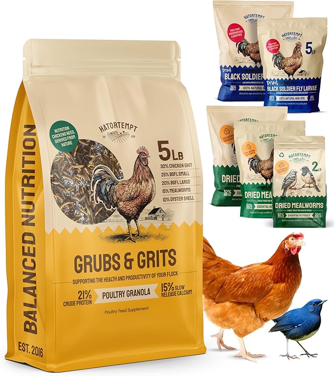 Hatortempt Chicken Feed Supplement - High-Protein Foraging Mix - Poultry Treats for Chickens - Calcium-Rich Poultry Grit for Shell Support - Dried Mealworms & Grubs for Enrichment - Bird Food (5lb)