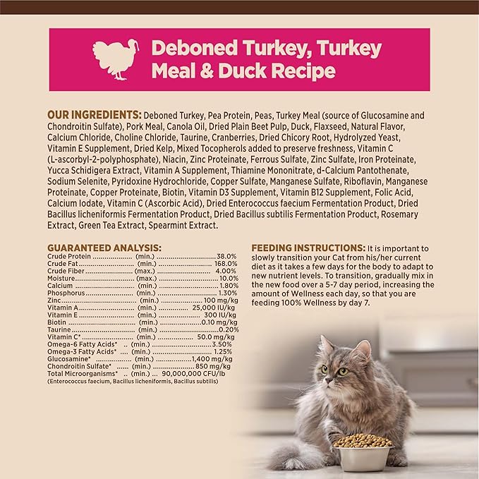 Wellness CORE Adult Dry Cat Food for Indoor & Outdoor Cats, Grain-Free, Natural, Turkey, Turkey Meal and Duck (5 Pound Bag)