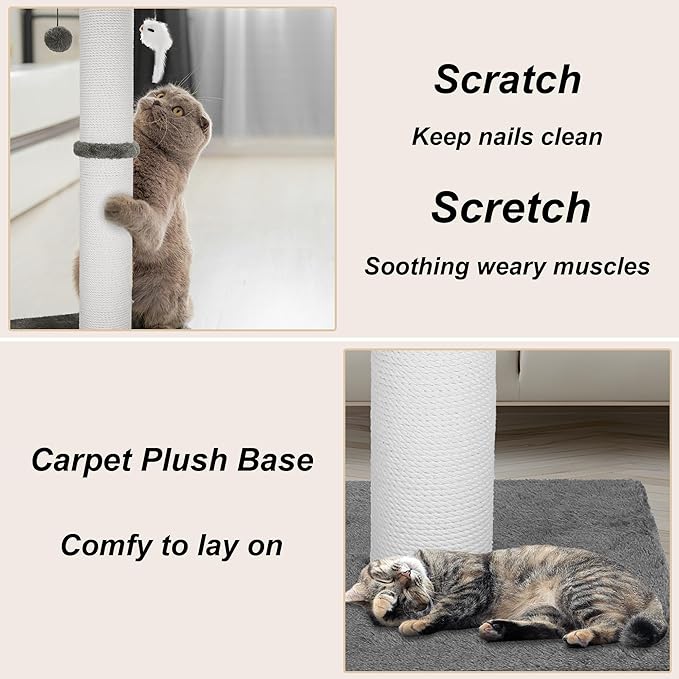 Cat Scratching Post 34 Inches Heavy Duty and Thicker Cat Scratching Post Cotton Rope with Hanging Ball and Mice Scratching Post for Indoor Cats and Adult(Grey)