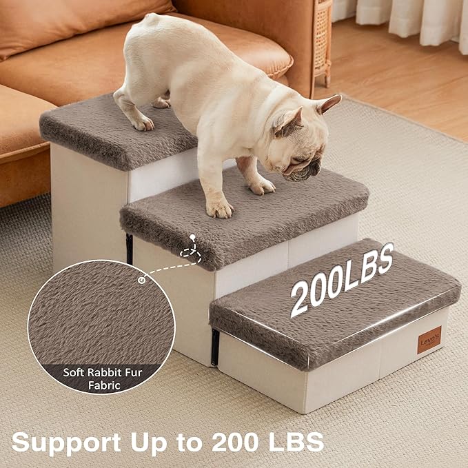 Love's cabin Dog Stairs for High Bed 18" H, 3 Steps with Furry Lids Pet Stairs for Small Medium Large Dogs, Foldable Cat Ramp with Zip up to 200 lbs, Brown