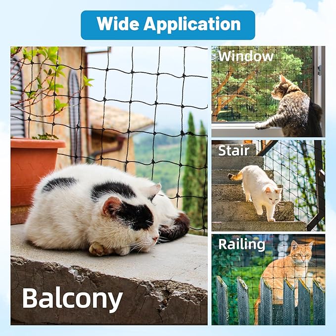 Lewondr Cat Netting Balcony, 10x20ft Steel Wire Reinforced Balcony Screen for Pets, Anti-Fall Pet Mesh Fence Cat Safety Net for Balcony, Window, Stair, Patio