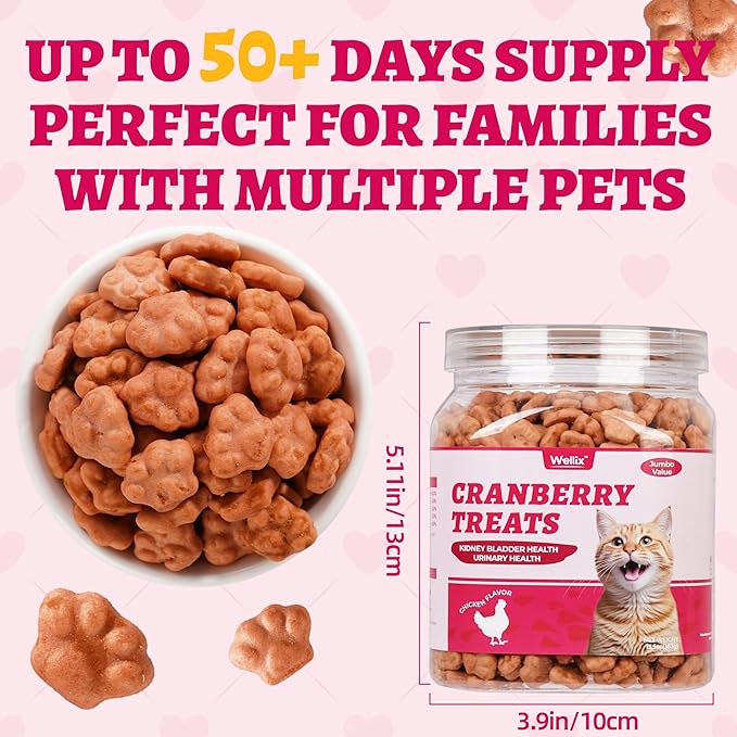 Wellix 13.05oz Urinary Tract Health Cat Treats for Indoor Cats - Cranberry&D-Mannose for UT,Kidney,Bladder Support - Chicken Formula Crunchy Kitten Training Snacks Chews