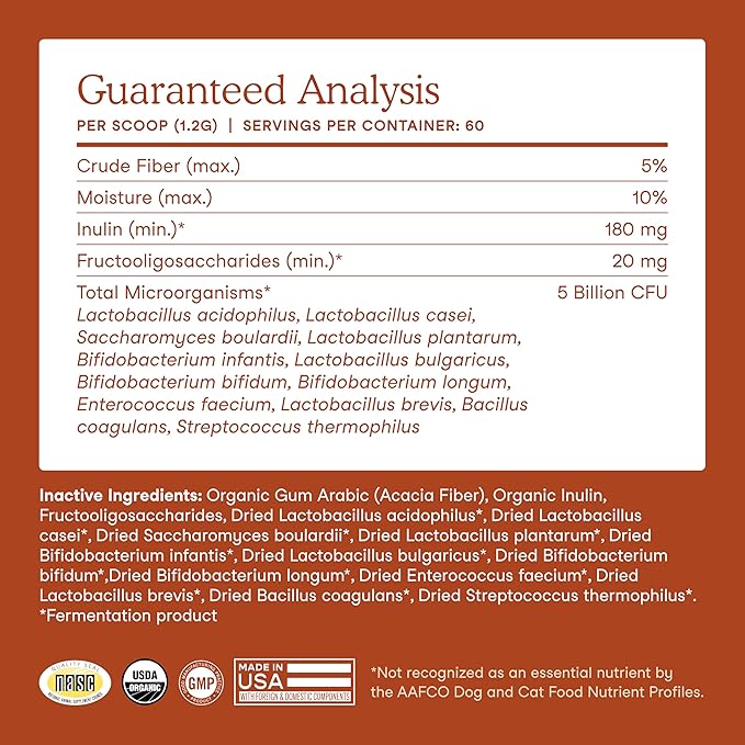 Fera Pets Probiotics for Dogs & Cats with Prebiotics - USDA Organic - Gut Health Powder Supplement with 12 Strains & 5 Billion CFUs - Supports Immunity, Energy and Skin & Coat - 60 Scoops
