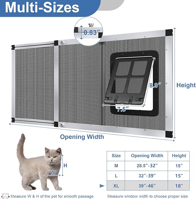 Ventilated Pet Door for Window 38"-44" Wide Adjustable, Silver Aluminum Frame + Stainless Steel Mesh | Breathable Bug-Proof | 4-Way Lock Magnetic Closure Cat Window Door,Cat Door for Window Insert