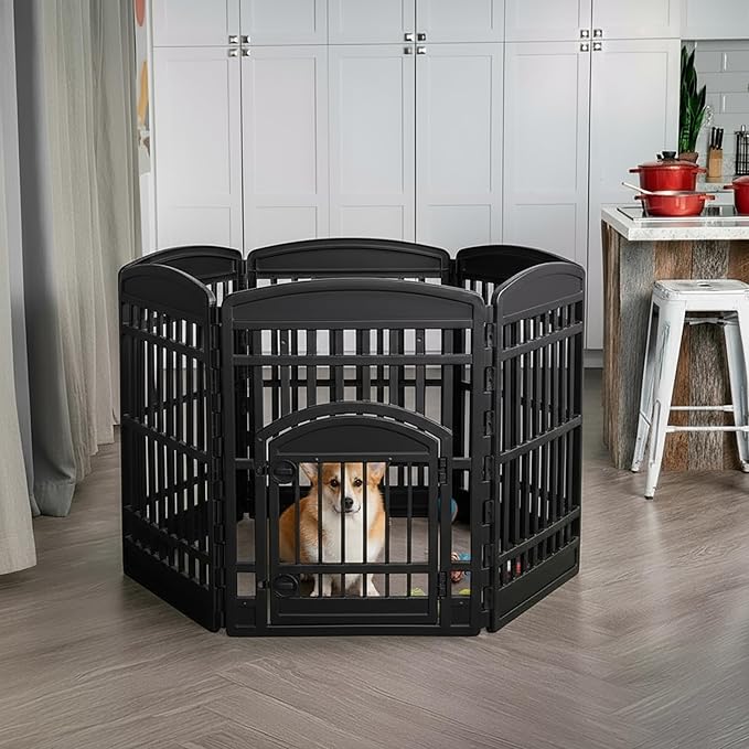 IRIS USA Dog Playpen 34" 6-Panel Dog Playpen with Door, 44 x 63 x 34, Puppy Fence, Puppy Playpen, Dog Play Pen Indoors, Pet Fence, Puppies/Small Dogs, Black