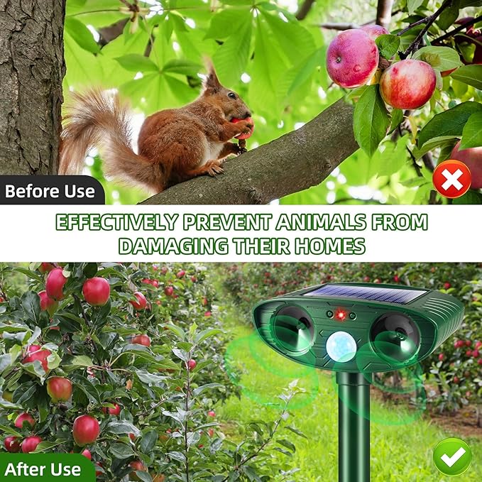 2026 Upgraded Solar Ultrasonic Animal Repellent Outdoor Deer Repellent Devices Motion Detection for Squirrel Raccoon Rabbit Dog Cat Deterrent Keep Rodent Chipmunk Away from Yard Lawn,4Pack