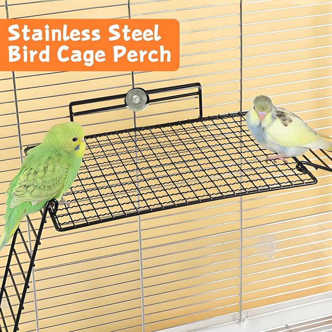 BNOSDM Large Stainless Steel Grid Platform for Parakeet 4 PCS Bird Perches Platform Parrot Stand with Climbing Ladder Bird Cage Accessories for Small to Large Bird (Screw Style-L)