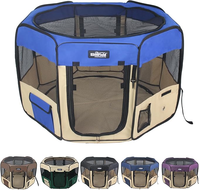 EliteField 2-Door Soft Pet Playpen (2 Year Warranty), Exercise Pen, Multiple Sizes and Colors Available for Dogs, Cats and Other Pets (62" x 62" x 36"H, Royal Blue+Beige)