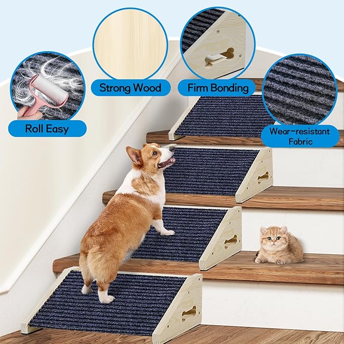 Extra Wide Dog Ramps for Stairs, Wooden Pet Ramp Stairs for Small Medium Dogs, Non-Slip Dog Pet Steps for Any Staircase, Stair Ramp for Injured Dogs with Anti-Slip Strip, 4 Pack