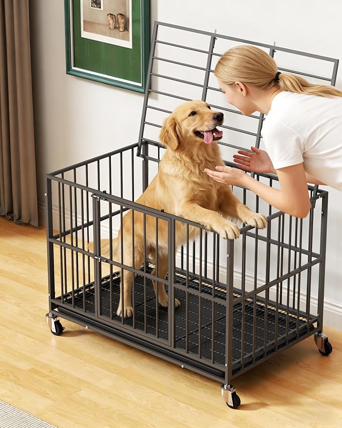 48 inch Heavy Duty Dog Crate with Dual Doors and Lockable Wheels, Large Dog Kennel Indoor, Removable Tray for Easy Cleaning, Dog Cage for Medium to Large Breeds and Anxious Dogs