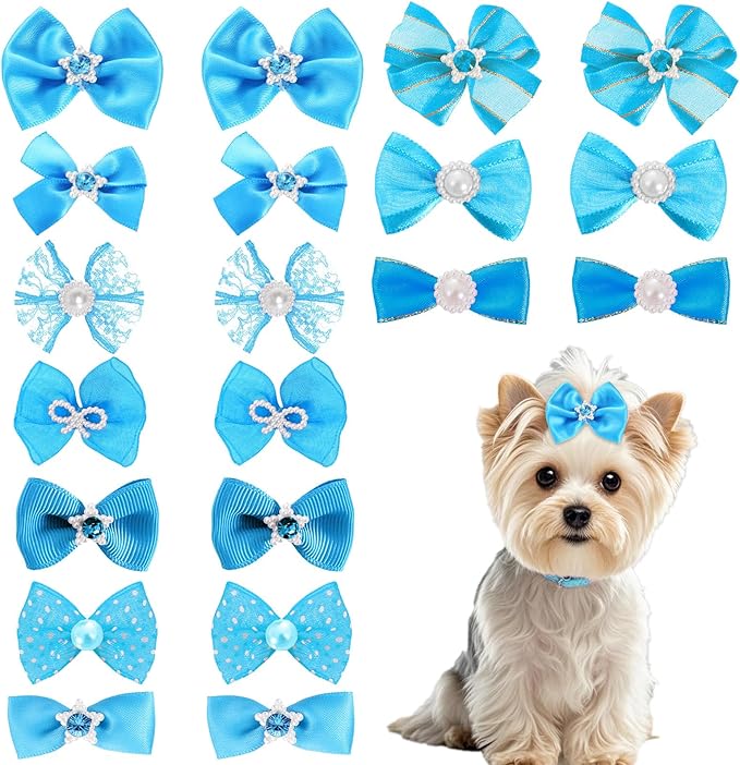 20 PCS Cute Dog Hair Bows with Rubber Bands Elastic Handmade Mix Style Lace Rhinestone Pearls for Furry Puppy Cat Pet Girl, Sky Blue