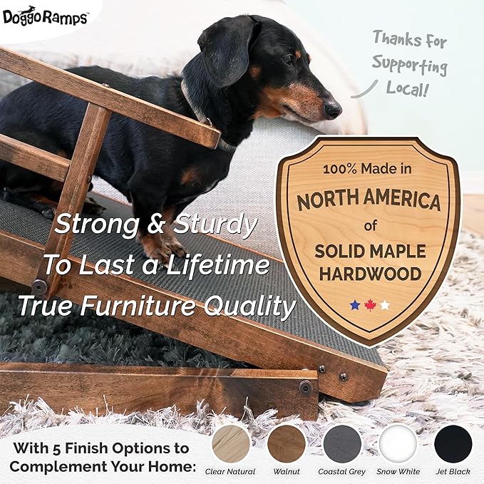 DoggoRamps Bed Ramp for Small Dogs - Solid Hardwood - Adjustable up to 37" Tall Beds with Safety Rails & Anti-Slip Grip - Made in North America Walnut