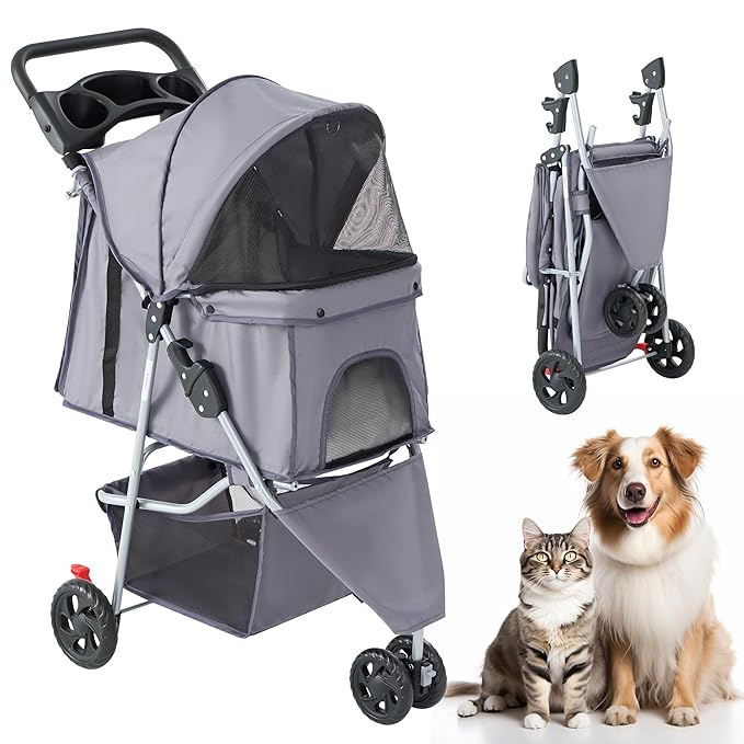 DUMOS 3 Wheels Pet Stroller for Small Dogs and Cats – Foldable Dog Stroller with Mesh Windows, Storage Basket & Cup Holder, Lightweight & Durable Pet Carrier for Travel, Outdoor Use – Grey