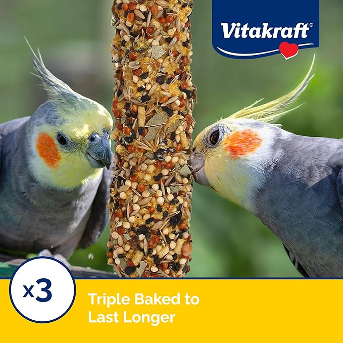 Vitakraft Crunch Sticks Cockatiel Treats Golden Honey Flavor – Triple-Baked Snack with Vitamins A D3 E Riboflavin and B12 – Natural Wood Chew Center and Cage Clip Holder – Engaging 2 Stick Pack
