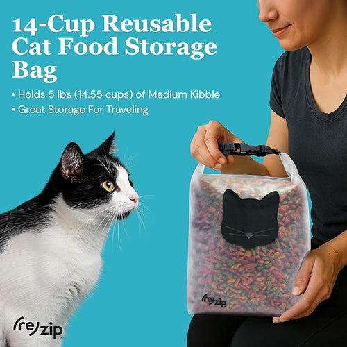 (re)zip Reusable Cat Pet Food Storage Bag | 14-Cup Capacity | Airtight Roll-Top Closure | Durable, BPA-Free PEVA | Translucent & Travel-Friendly | Keeps Kibble Fresh & Organized | Machine Washable