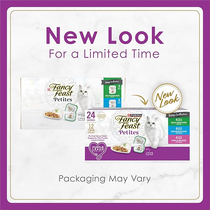 Fancy Feast Purina Gourmet Wet Cat Food Variety Pack,Petites Gravy Collection,Break-Apart tubs,48 Servings - 2.8 oz. Tubs,(Pack of 24)