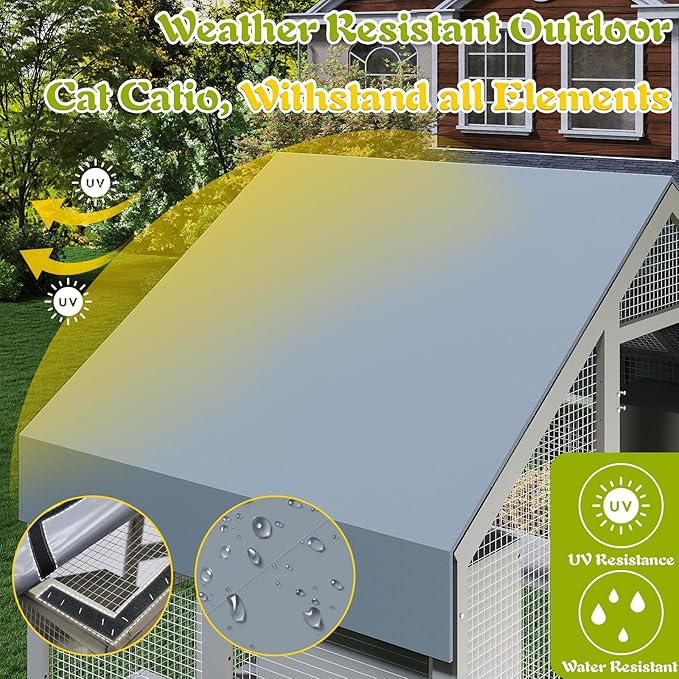 PetsCosset 71" H Catio Outdoor Cat Enclosure for Multiple Cats Large Wooden Walk in Cats House Outside Weatherproof Roof,Attached to House's Window,Cat's Door and Tunnel