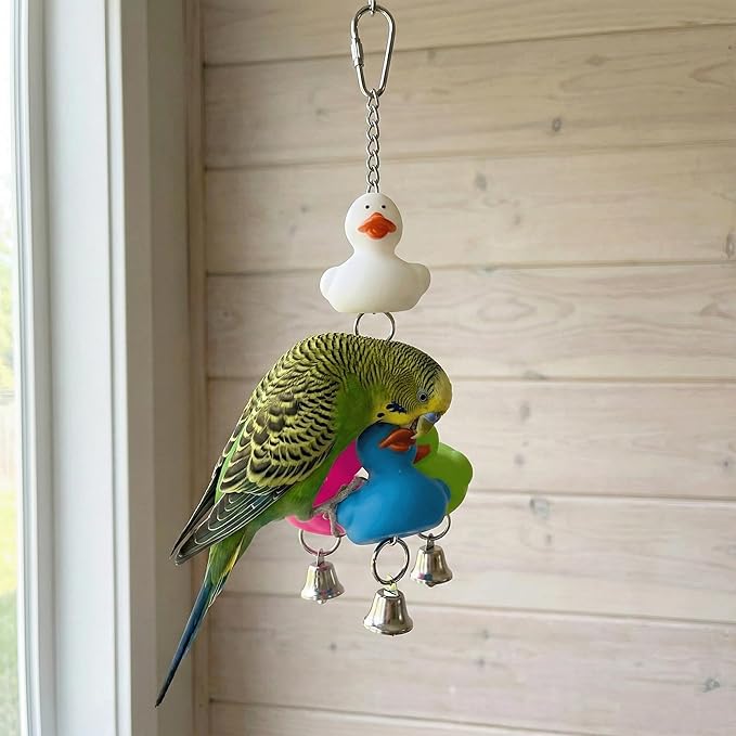 922 Rainbow Duck Ringer Bird Toy 8" - Handcrafted Hanging Rubber Ducky Cage Accessory with Bells for Budgies, Conures Lovebirds & Cockatiels - Interactive Sensory Play & Foraging Fun for Small Parrots