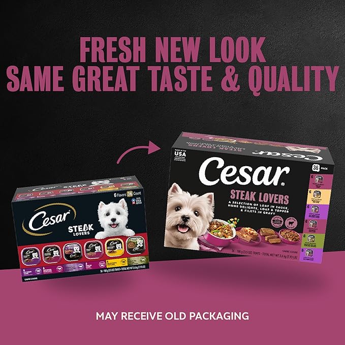 Cesar Adult Wet Dog Food Steak Lovers Variety Pack with Real Meat, 3.5 oz. Easy Peel Trays, 36 Count (Pack of 1)