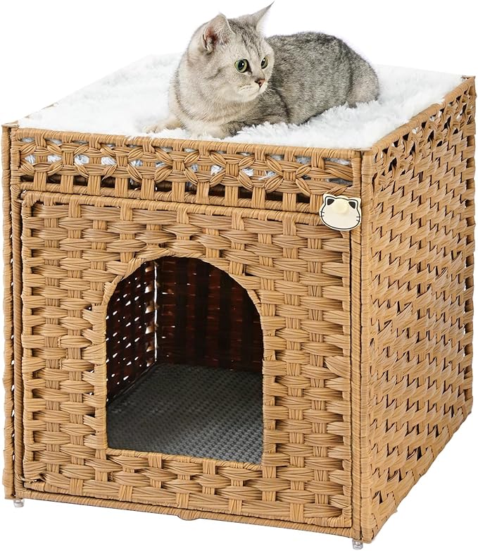 Cat Litter Box Enclosure Furniture with One Cat Bed Pad, Hidden Litter Box Handwoven Rattan Cat House with Two S-Shaped Hooks for Living Room, Bedroom, 18.5 x 20.5 x 19.1 Inch,Natural