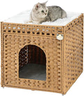 Cat Litter Box Enclosure Furniture with One Cat Bed Pad, Hidden Litter Box Handwoven Rattan Cat House with Two S-Shaped Hooks for Living Room, Bedroom, 18.5 x 20.5 x 19.1 Inch,Natural