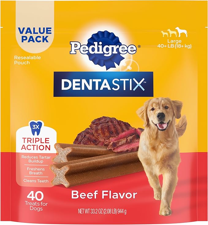 Pedigree Dentastix Dog Dental Treats, Large Breed Dog Treats, Beef Flavor, 2.08 lb. Bag (40 Treats Total)