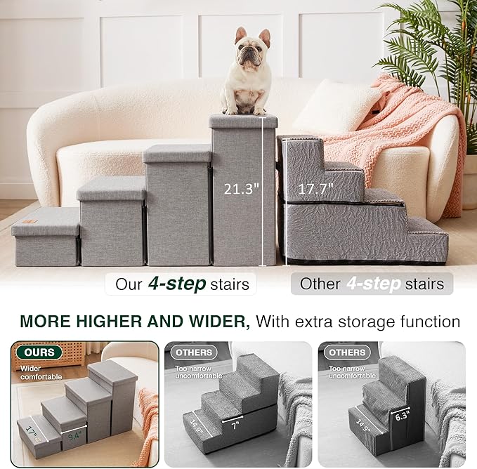 Love's cabin Dog Stairs for Small Medium or Large Dogs with Storage and Adjustable Steps, Foldable Cat Steps for Bed or Couch, 4-Step Gray Folding Ramp with Zip up to 200 lbs, Solid Grey
