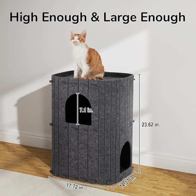 FUKUMARU Cat House for Indoor Cats, 23.62 Inch Large Cat Bed Cave Condo, 2-Storey Cozy Felt Covered Cats Tunnel Kitten Hideaway for Multicats, Scratch Resistant, Dark Grey