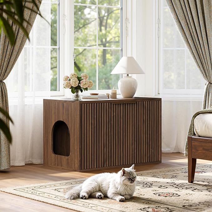 Evermagin 31.5" Walnut Cat Litter Box Enclosure Furniture, Large Hidden Litter Box Cabinet, Mid Century Modern Indoor Cat House Kitty End Table for Living Room, Entryway, Bedroom