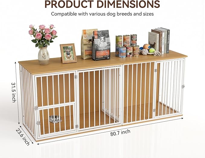 80.7" Double Dog Crate Furniture, Large Breed Dog Crate TV Stand with Swivel Bowls, Heavy Duty Wooden Double Dog Kennel with Removable Divider for 2 Medium Dogs (White)