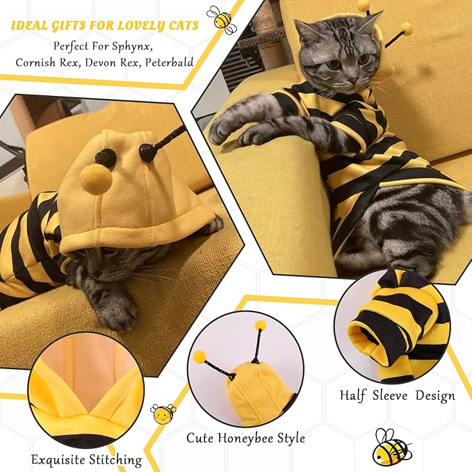 QBLEEV Sphynx Cat Clothes Honeybee, Cat Costumes for Cats Only, Hairless Cat Sweaters Warm Kitten Pullover Shirt, Cat's Pajamas Jumpsuit Apparel, Cat Outfits for Male Female Cats