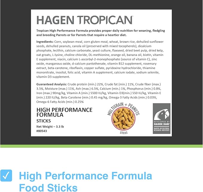 Hagen Tropican High Performance Parrot Food, 3.3 ib. - Hari Parrot Sticks with Peanuts & Sunflower Seeds and Higher Nutrition Levels