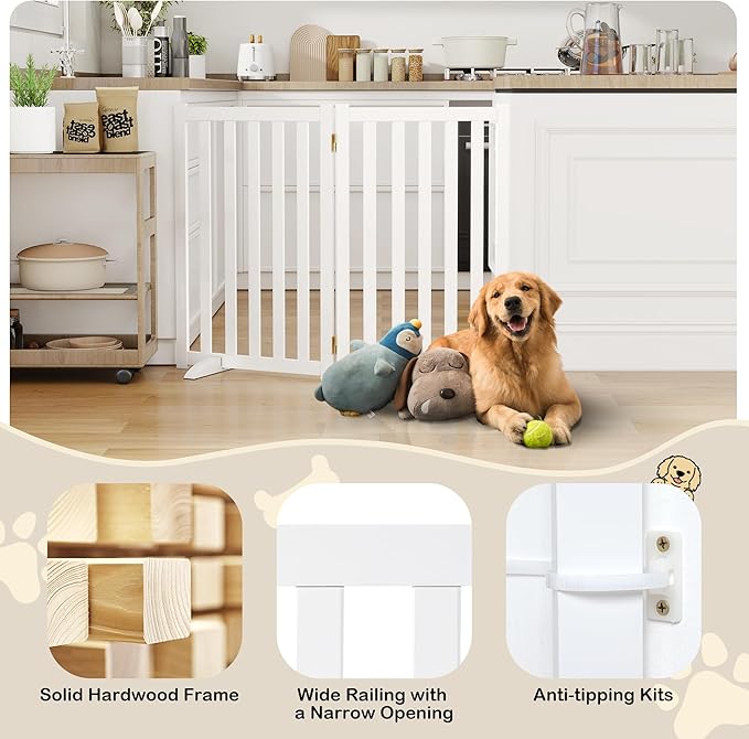 30" Height Tall Freestanding Pet Gate, Solid Wood Folding Safety Fence Wooden Dog Gate with 2 PCs Support Feet Ideal for Stairs, Doorways, Halls, Kitchens, Heavy Duty Gates, 2 Panels, White