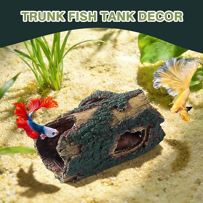 Resin Tree Trunk Aquarium Hideout Decoration, Driftwood Betta Fish Tank Cave, Non Toxic Safe Aquarium Ornament Decorations for Shrimp, Reptile Terrarium Cave Hide Accessories (Trunk)
