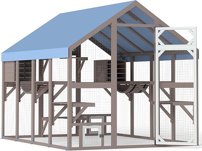PetsCosset 71" H Catio Outdoor Cat Enclosure Large Wooden Walk in Cats House Outside Weatherproof Roof,Attached to House's Window,Cat's Door and Tunnel (94.4: Large Catio-P12N)