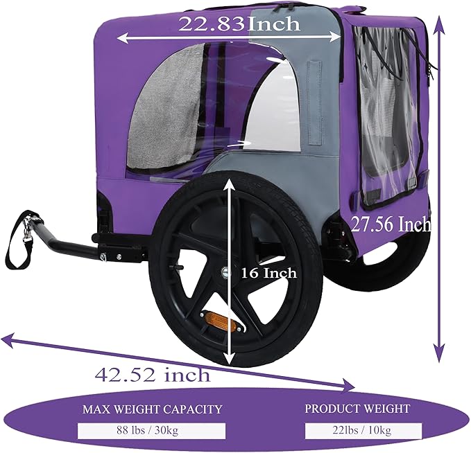 Heavy Duty Dog Bike Trailer with 16" All-Terrain Wheels & Universal Hitch, Foldable Pet/Cargo Carrier for Bicycles, Camping, Hiking