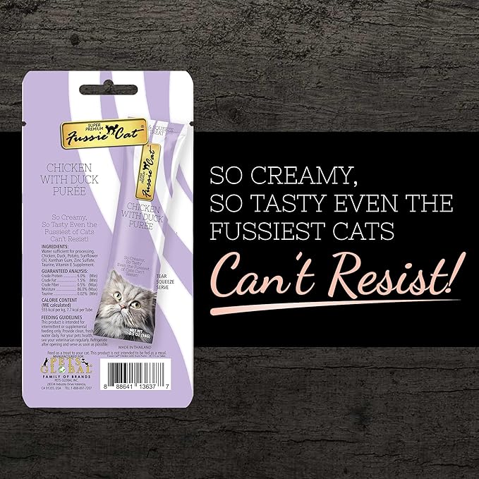 Fussie Cat Premium Puree Lickable Cat Treats in Chicken Puree, Lickable Treats, 3 Packs of 4-0.5oz Tubes,(12 Total Tubes) Variety Flavor Pack of 3 Flavors. Oceanfish, Sardine, Chicken + Lid