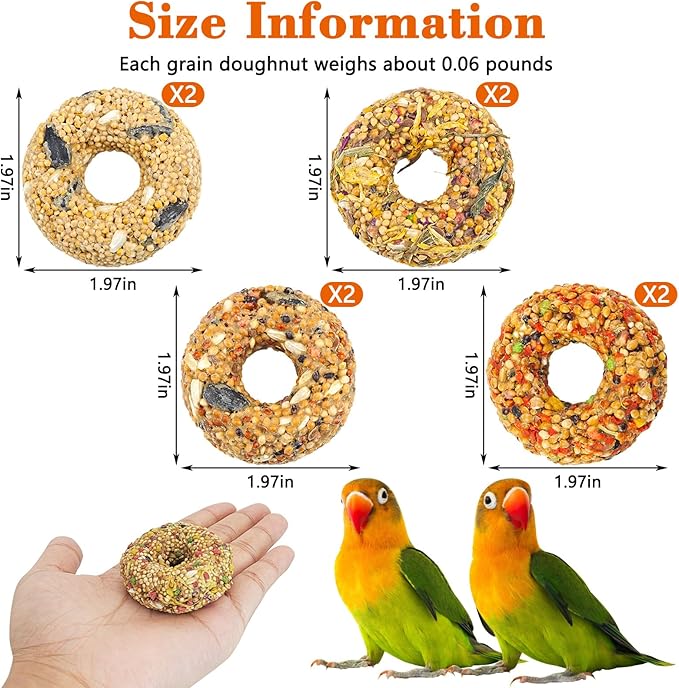 Fhiny Parakeet Treats, 8 PCS Donut Shaped Natural Grain Cockatiel Food with Fruits Vegetables Flowers and Herbs for Parrot Conure Lovebird Training Rewards and Beak Grinding
