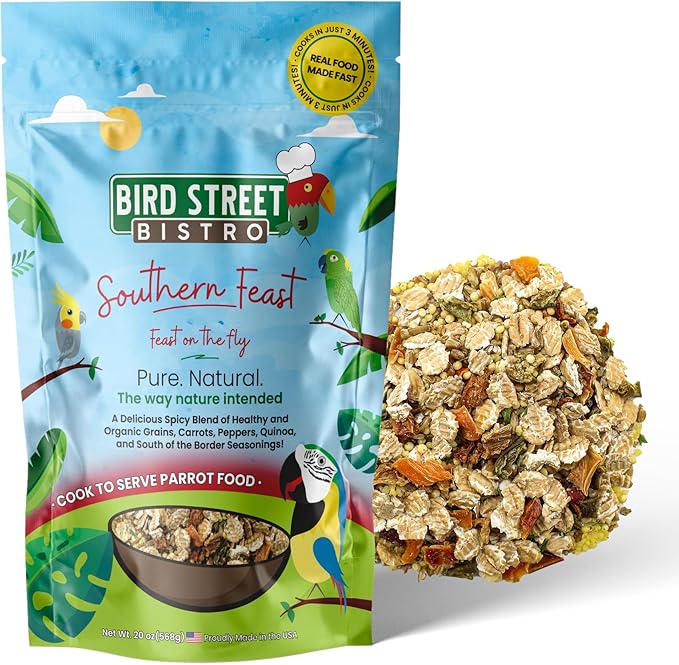 Bird Street Bistro Parrot Food for Parakeets & Cockatiels - Southern Feast - 20 oz - Cooks in 3-15 min, Natural Grains, Fruits & Vegetables - USA Made
